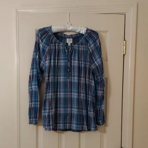 St. John's Bay Blue Plaid Long-Sleeve Peasant Top